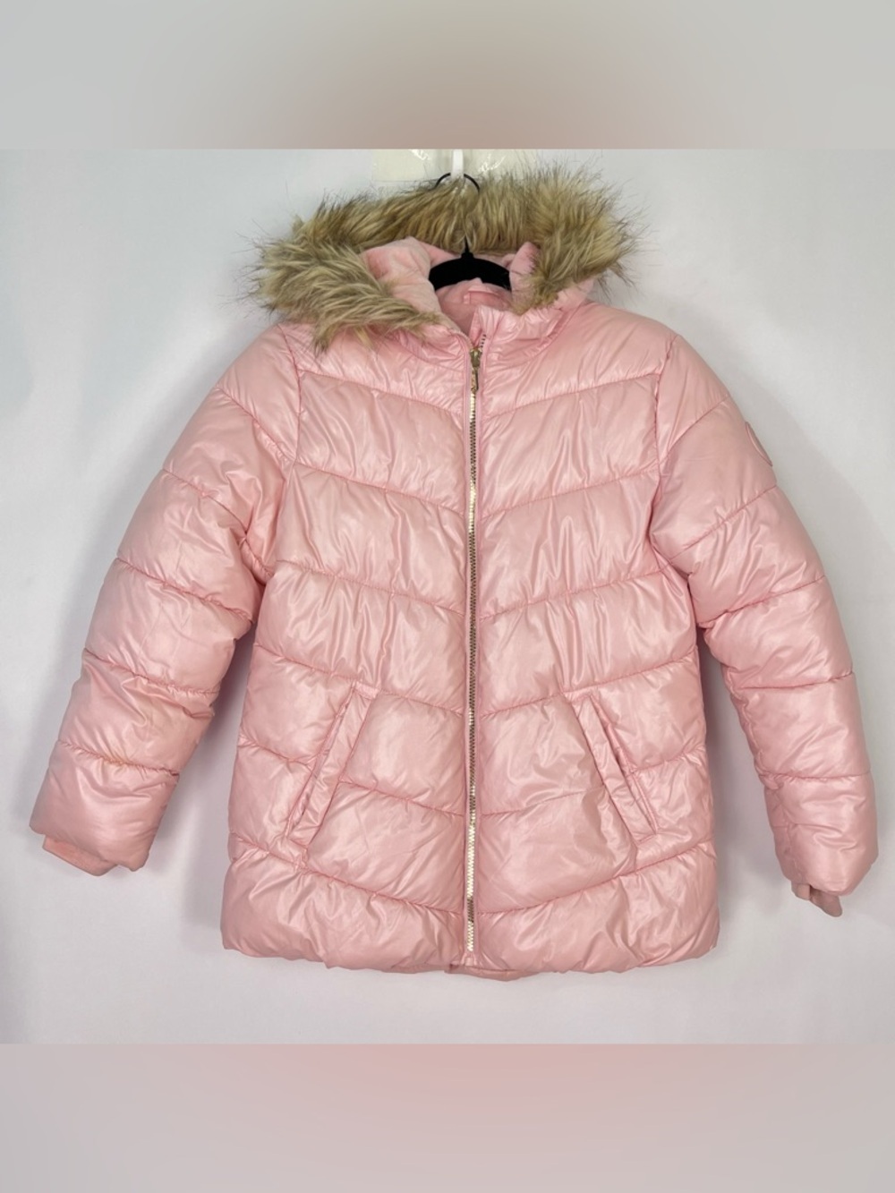 Girls Kids Children’s Juicy Couture Pink Puffer Jacket Coat Fur Hood Sz large 14